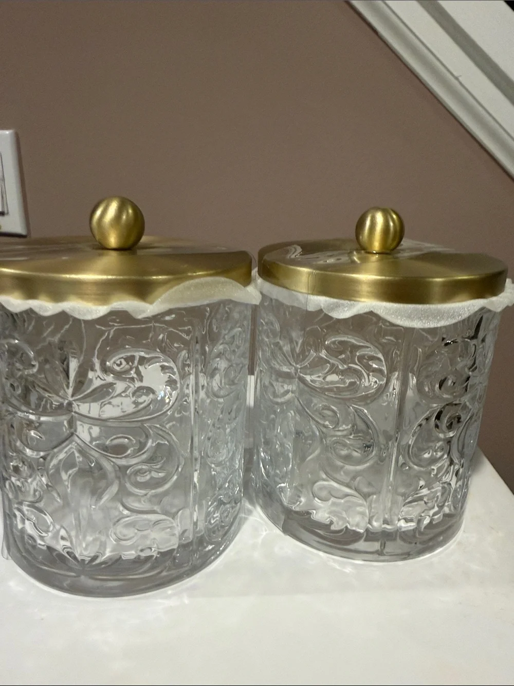Opulent Collection Embossed Glass Bath Storage Jars, Set of 2